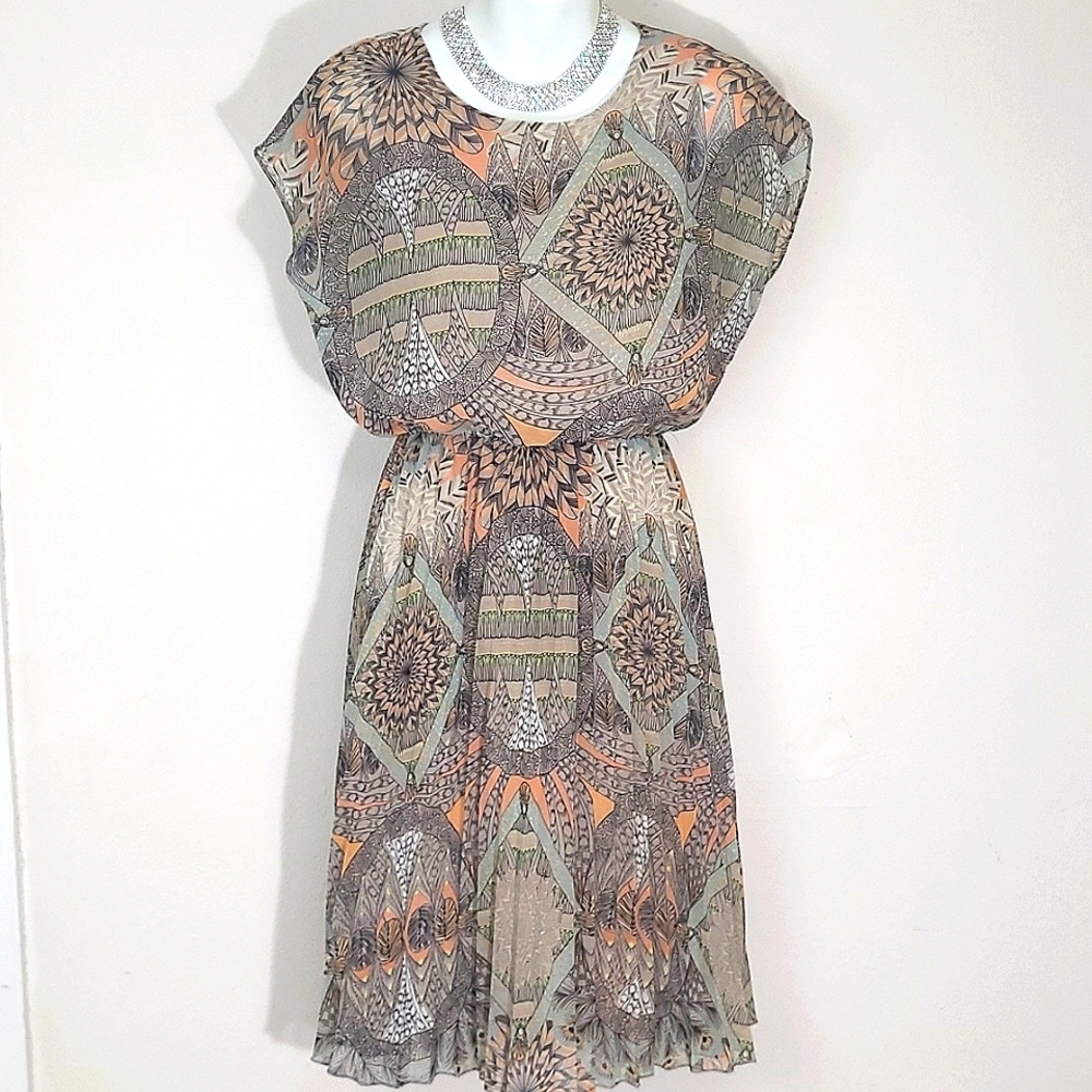 Sabine Dress Short Sleeve Accordion Skirt Flowy Bodice Mandala Geometric Print